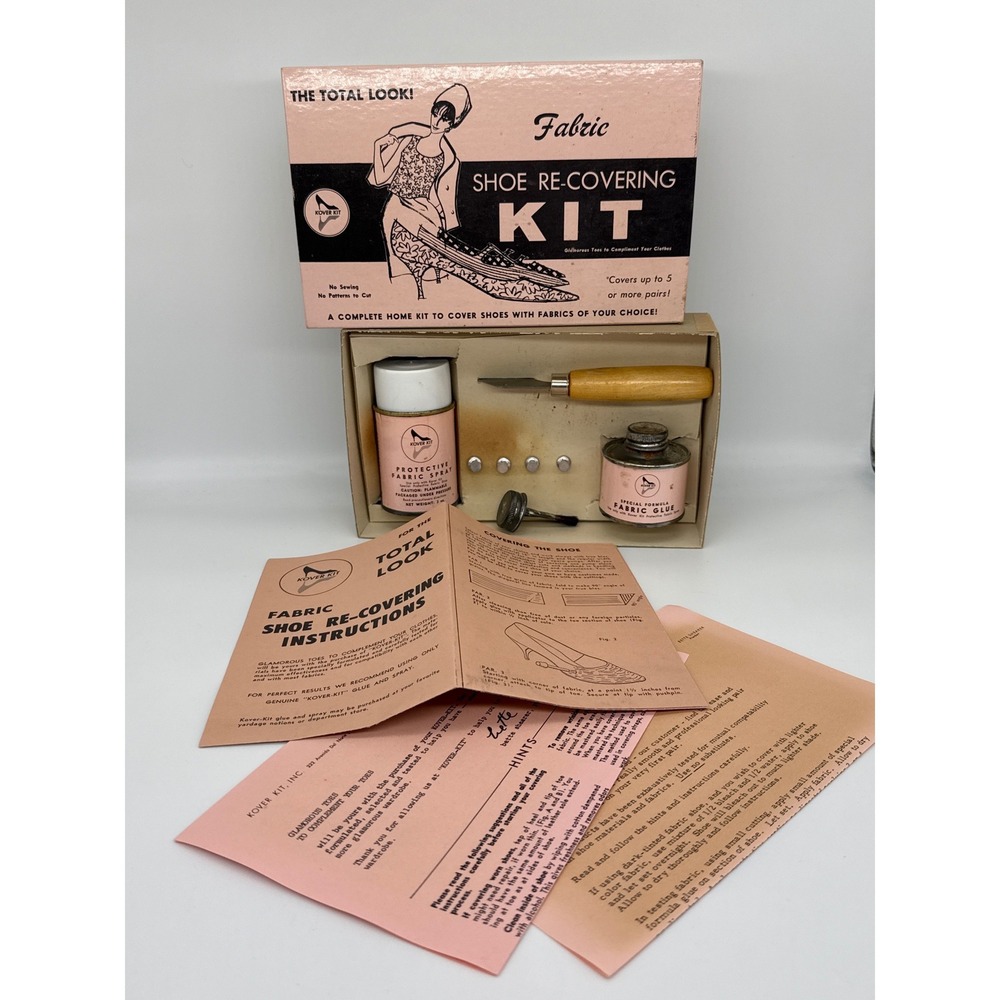 Vintage 1965 Kover-Kit Fabric Shoe Re-Covering Kit DIY Fashion Mid-Century Pink